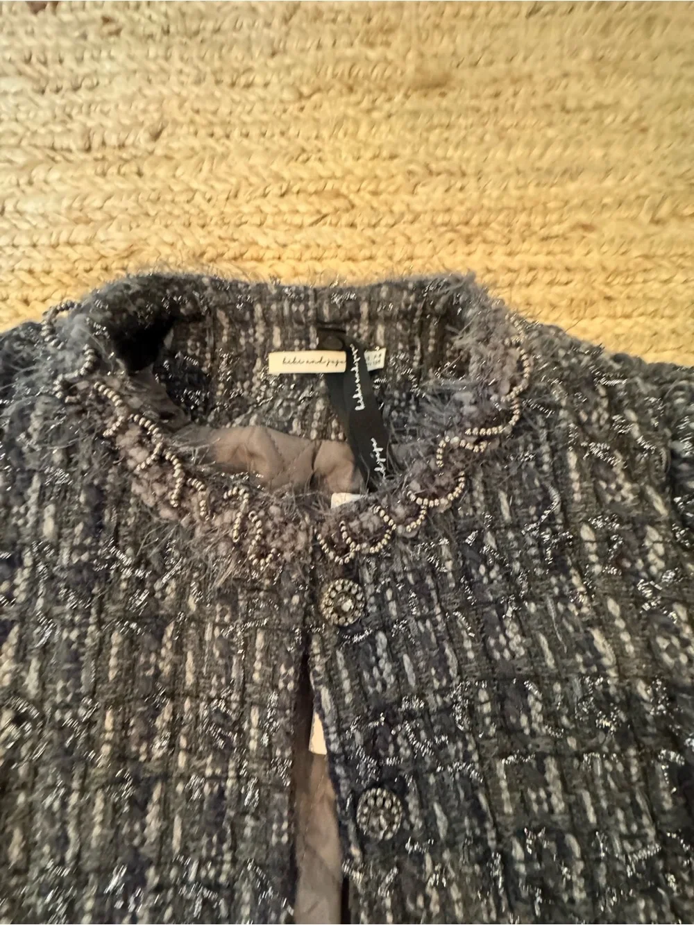 Kiki and Jojo Charcoal Textured Tweed Cropped Jacket